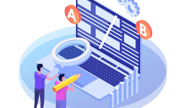 A-B comparison. Split testing isometric concept. Vector illustration.