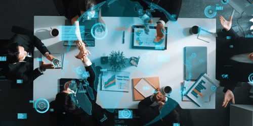 Top down aerial view of skilled business team listening manager present global networking system while giving a high five to encourage or motivate team. Hologram of internet connection. Directorate.